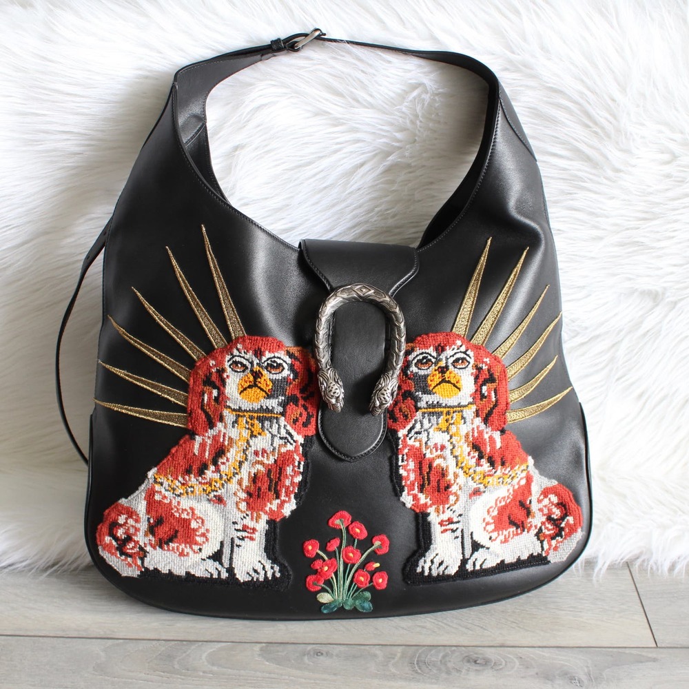 Gucci Black Crossbody Bag with Red and Gold Embroidery